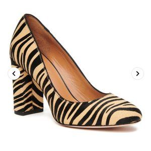 J.MCLAUGHLIN Mila Zebra Print Calfhair Block Heeled Pumps - Tan - Size 7